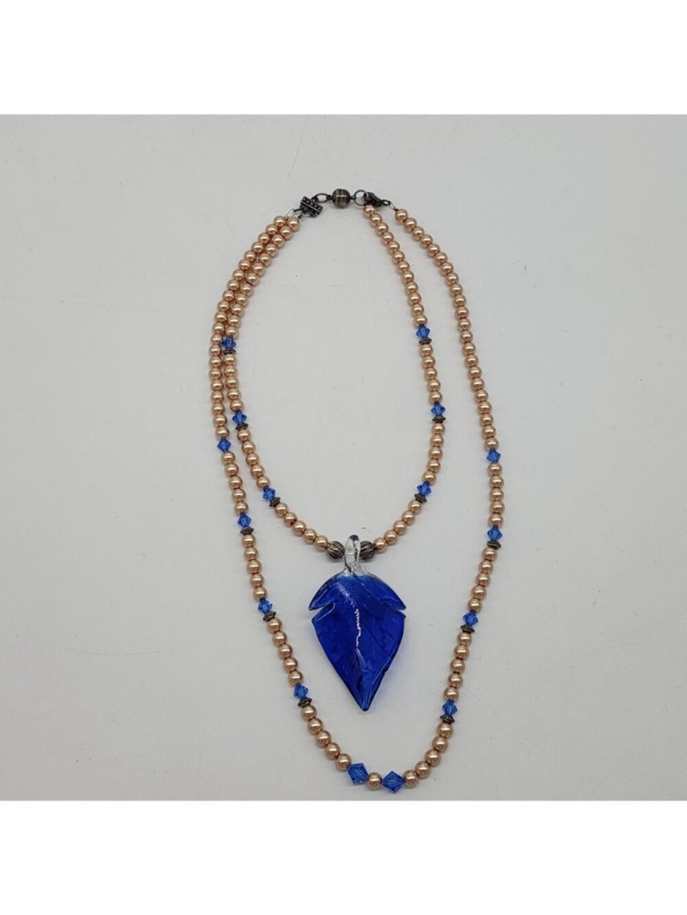 Two Strand Pendant Necklace Blue Murano Style Glass Leaf Faux Pearl Crystal - Picture 3 of 10